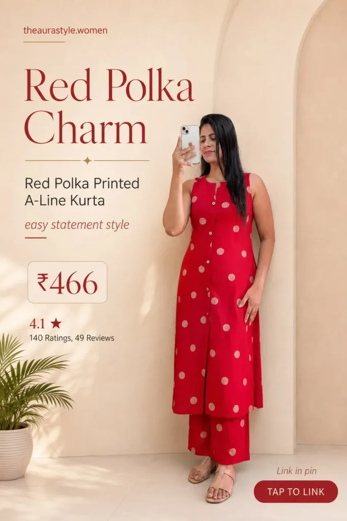 Woman wearing a red polka printed A-line kurta set with matching pants and beige sandals, styled in a minimal Pinterest fashion pin with price