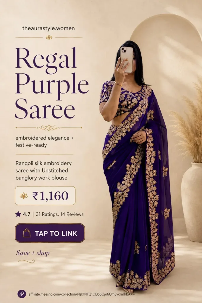 Woman wearing a deep purple Rangoli silk saree with detailed gold floral embroidery and matching embroidered blouse. — Regal Purple Saree Outfit