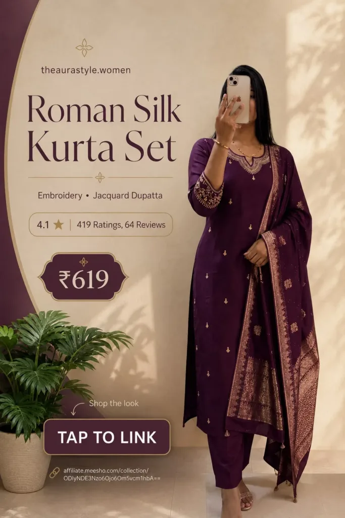 Roman silk kurta set, purple kurta set, embroidered kurta set, jacquard dupatta set, women ethnic wear, festive kurta set, traditional outfit