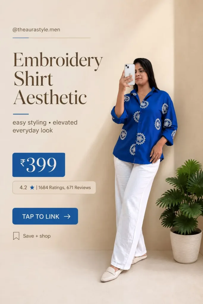 Vertical fashion Pinterest pin featuring a woman wearing a royal-blue shirt with white embroidered motifs, relaxed white trousers and cream