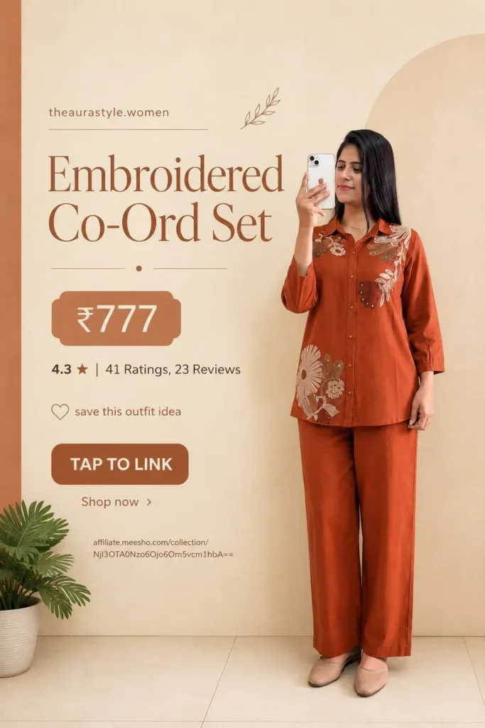 Woman wearing a rust embroidered co-ord set with a button-up top, wide-leg pants, and beige flats, styled in a minimal Pinterest fashion pin with