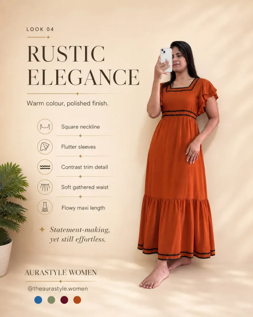 Rust orange flowy maxi dress with square neck, flutter sleeves and black trim. — Rust Orange Dress Outfit for Women