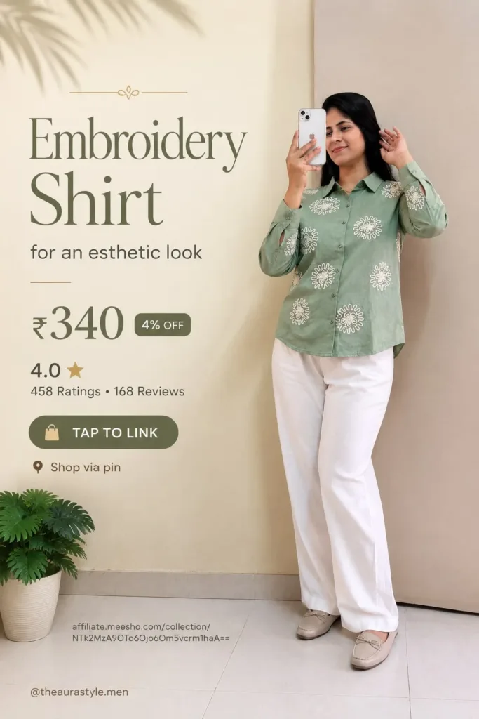 Woman wearing a sage green floral embroidered button-down shirt with white wide-leg trousers and beige loafers, featuring a ₹340 price and Tap to