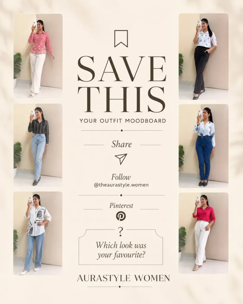 Six women’s smart-casual shirt outfits styled with jeans and trousers. — Shirt Outfit for Women