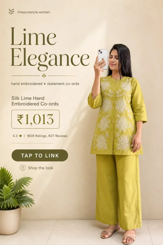 Woman wearing a lime silk hand embroidered co-ord set with matching wide-leg pants and beige sandals, styled in a minimal editorial Pinterest