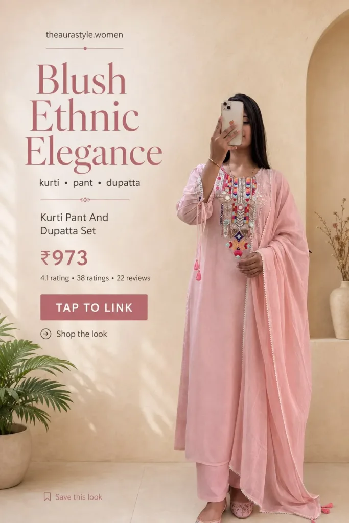 Woman wearing a blush pink kurti, matching pants and dupatta set with colourful embroidered neckline and pink ethnic flats. — Soft Blush Outfit