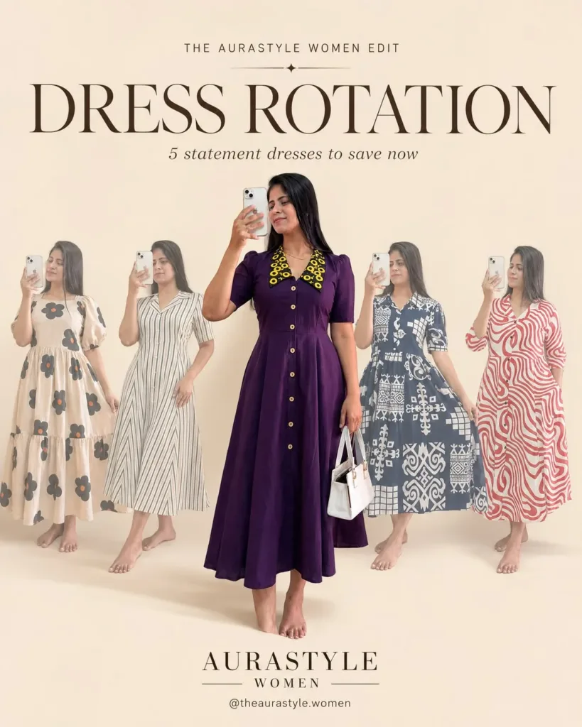 Five women’s midi dresses in floral, striped, purple and abstract prints. — Statement Dresses Dress Outfit for Women