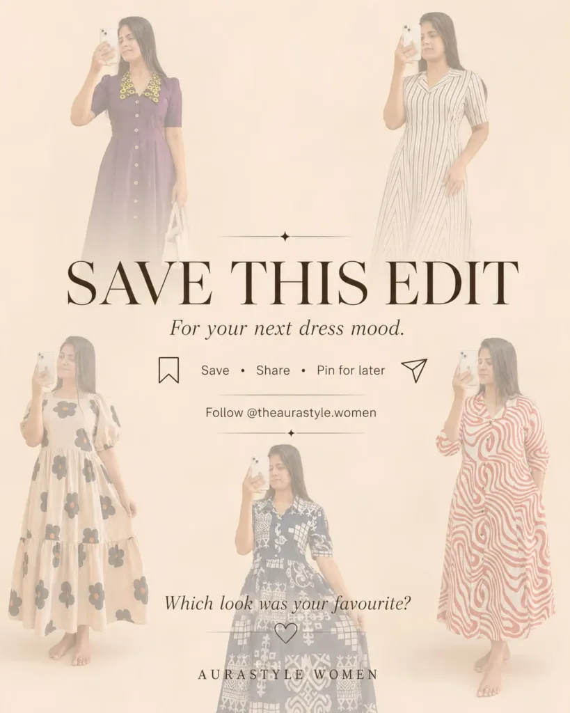 Five women’s midi dresses in plum, striped, floral, navy and red prints. — Statement Dresses Dress Outfit for Women