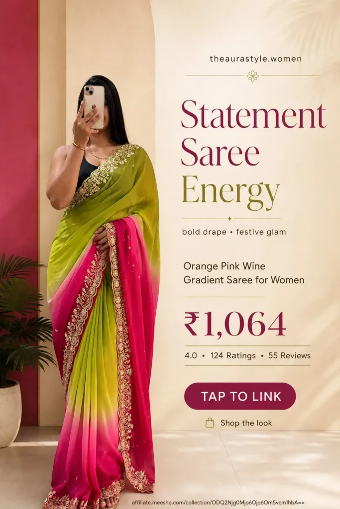 gradient saree for women, pink saree look, statement saree, festive saree outfit, embroidered border saree, women ethnic wear, saree inspiration