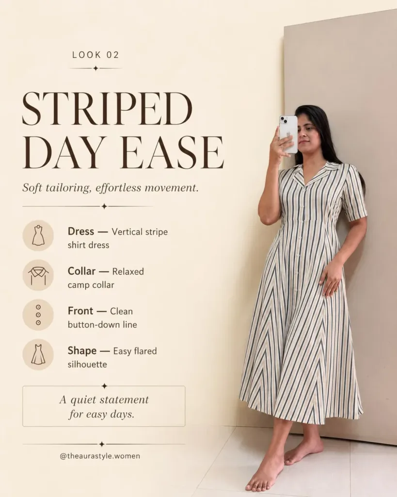 Blue and beige striped midi shirt dress with collar, buttons and flared fit. — Striped Dress Shirt Outfit for Women
