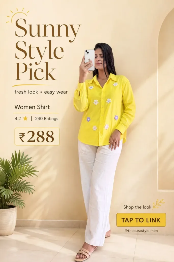 Woman wearing a bright yellow button-down shirt with small floral embellishments, styled with white wide-leg trousers and beige sandals. — Sunny