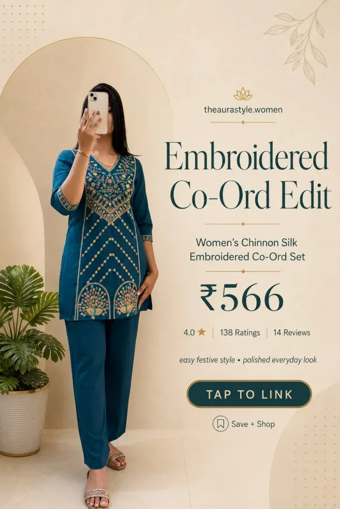 Love This Embroidered Look? Tap the Pin & View the ₹566 Set → — Teal Embroidered Co-ord Set Outfit for Women