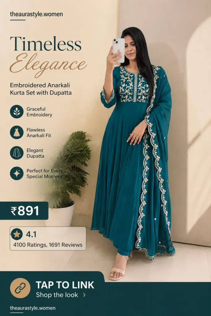 Woman wearing a teal embroidered Anarkali kurta set with matching dupatta, styled in a premium Pinterest shopping pin with ₹891 price and