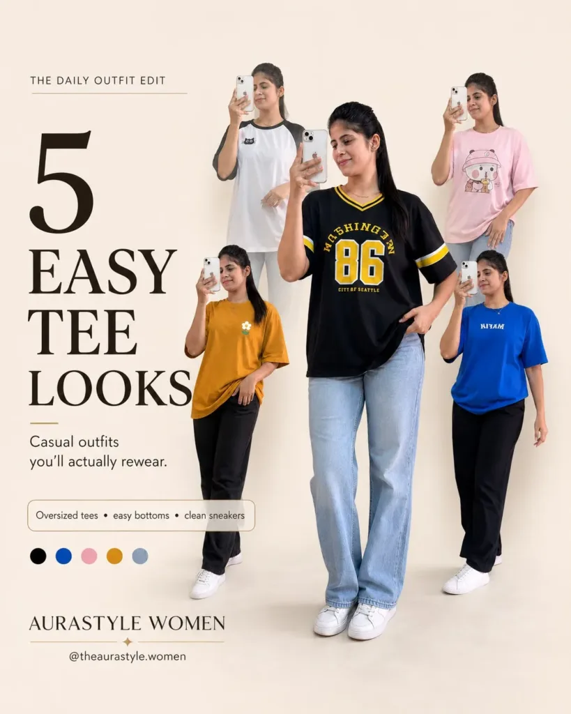 Five casual tee outfits with jeans, trousers and white sneakers. — Tee Chic T-shirt Outfit for Women
