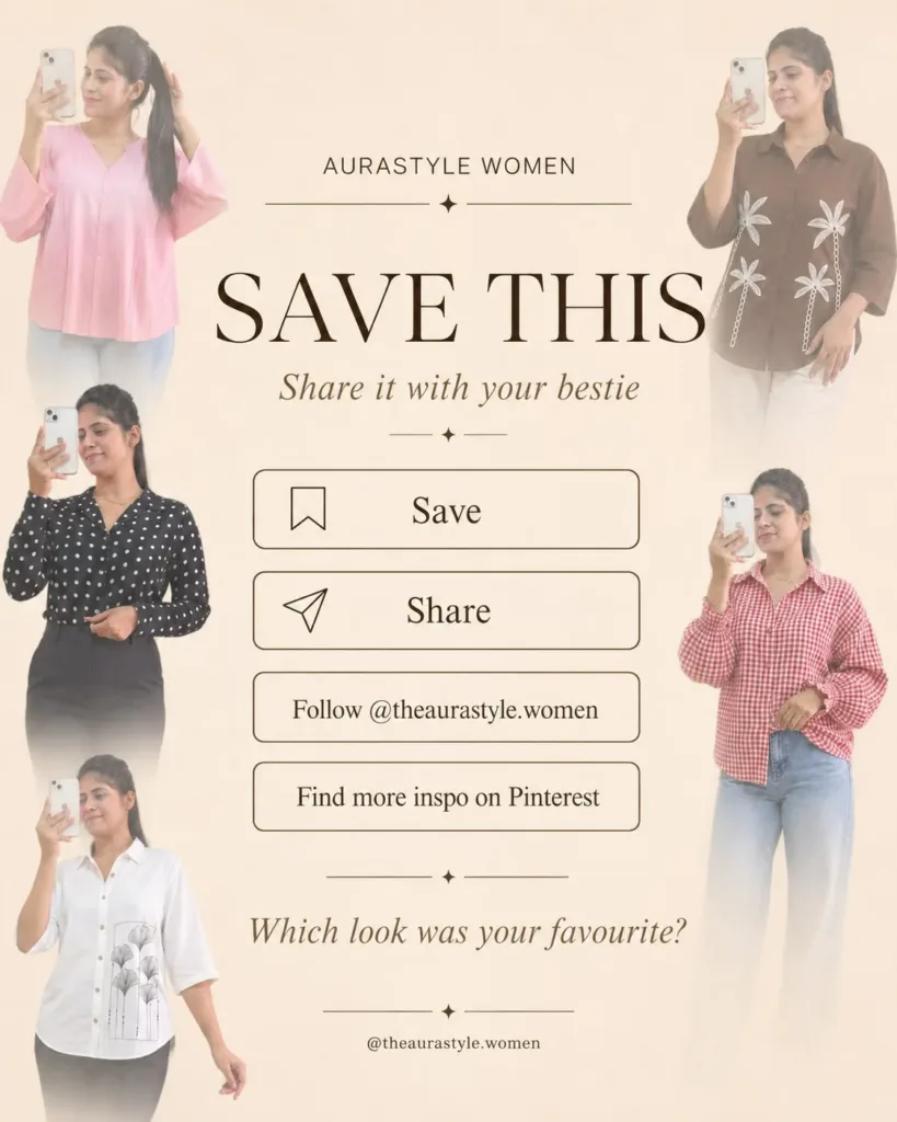 Save-and-share graphic featuring five women’s shirt outfits in pink, brown, black, red and white. — Tops Outfit for Women