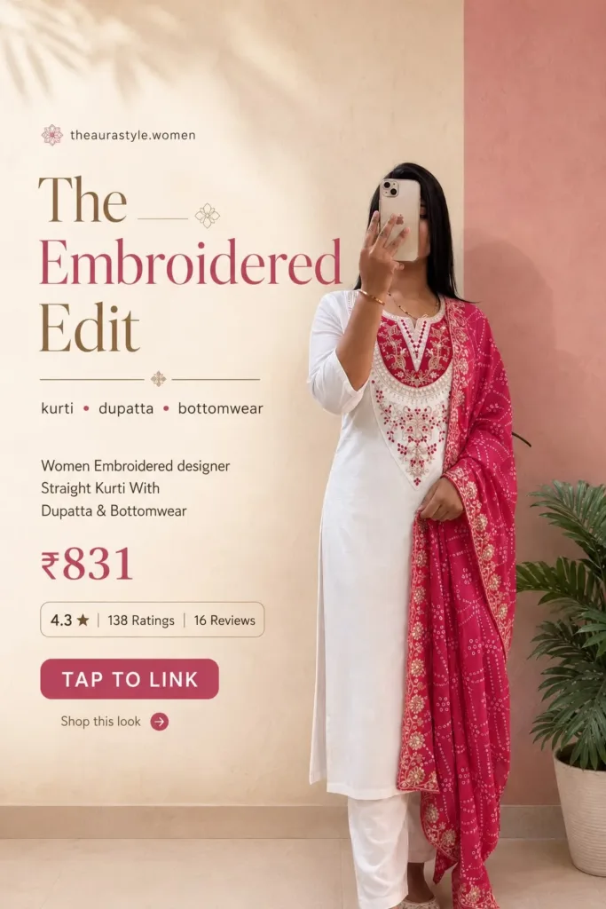 Woman wearing a white embroidered straight kurti with white bottomwear and a bright pink embroidered dupatta. — White Pink Outfit for Women