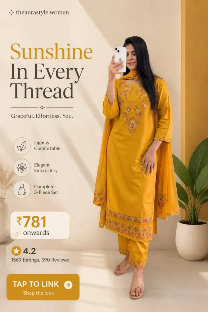 Woman wearing a yellow kurta and pant set with matching dupatta, styled as a minimal Pinterest fashion shopping pin with price ₹781 onwards and