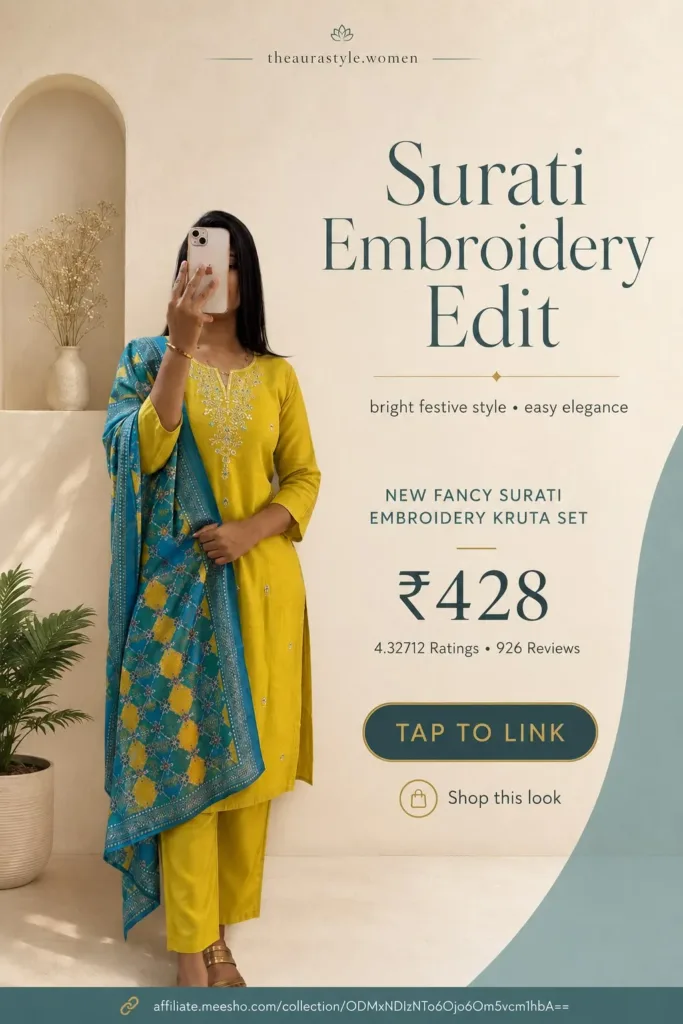 Woman wearing a bright yellow embroidered kurta and matching pants with a blue printed dupatta and gold sandals. — Yellow Surati Kurta Outfit for